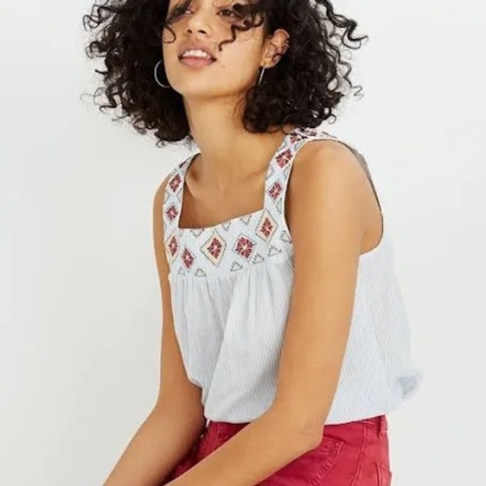 Madewell Blue White Striped Embroidered Square Neck Cotton Tank Top J2986 L